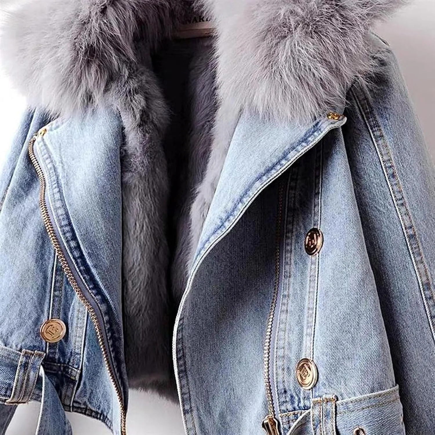 loveimgs Women Western Removable Faux Fur Lined Denim Jacket Short Cropped Jean Jacket Coat Overcoat with Belt