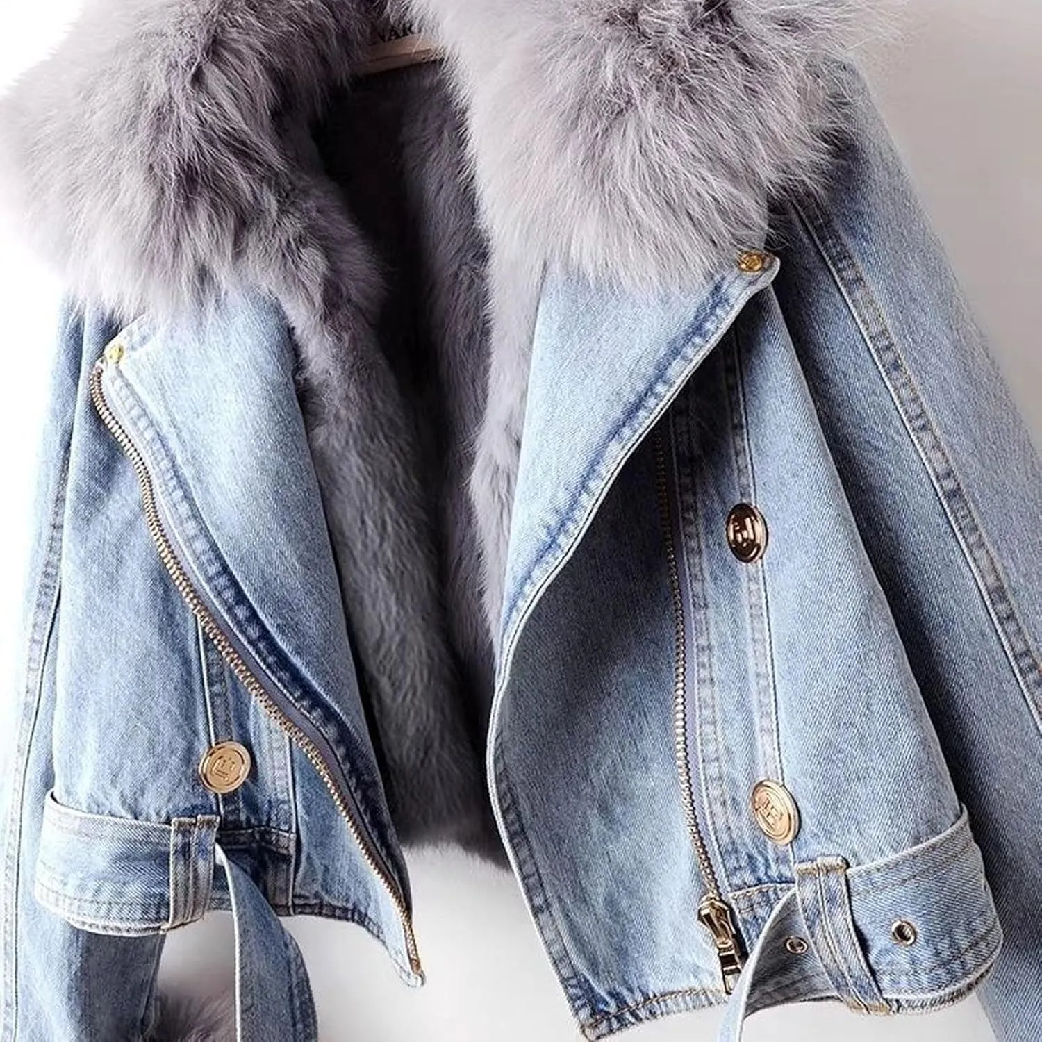 loveimgs Women Western Removable Faux Fur Lined Denim Jacket Short Cropped Jean Jacket Coat Overcoat with Belt