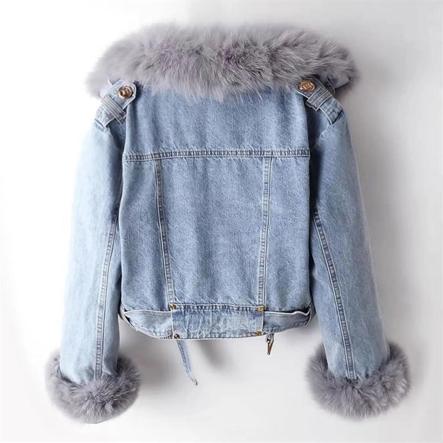 loveimgs Women Western Removable Faux Fur Lined Denim Jacket Short Cropped Jean Jacket Coat Overcoat with Belt