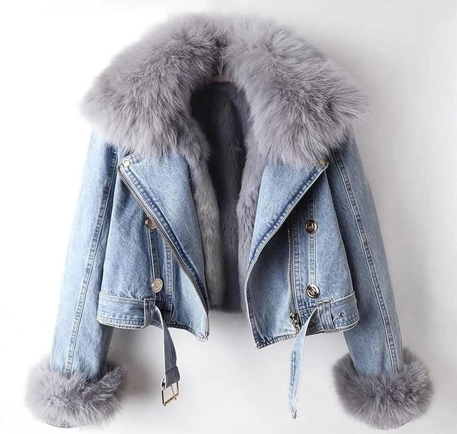 loveimgs Women Western Removable Faux Fur Lined Denim Jacket Short Cropped Jean Jacket Coat Overcoat with Belt