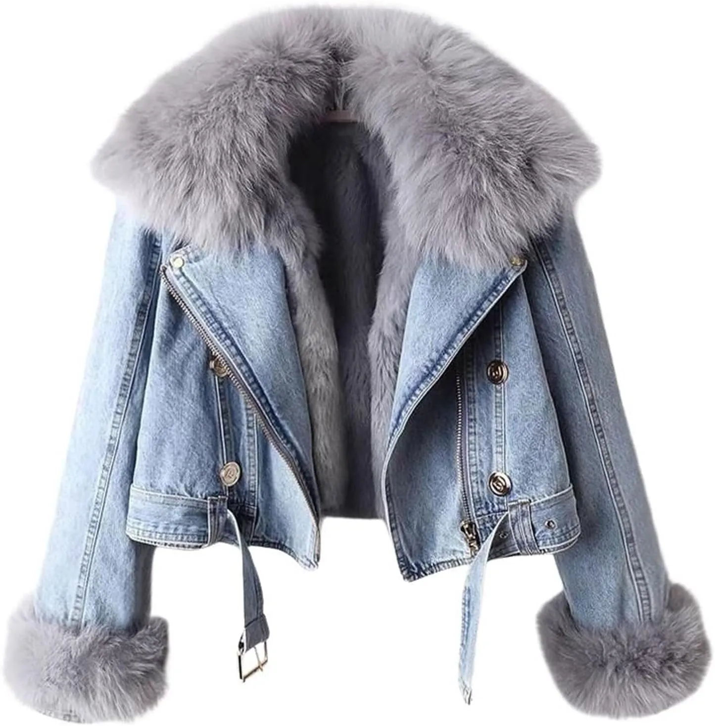 loveimgs Women Western Removable Faux Fur Lined Denim Jacket Short Cropped Jean Jacket Coat Overcoat with Belt