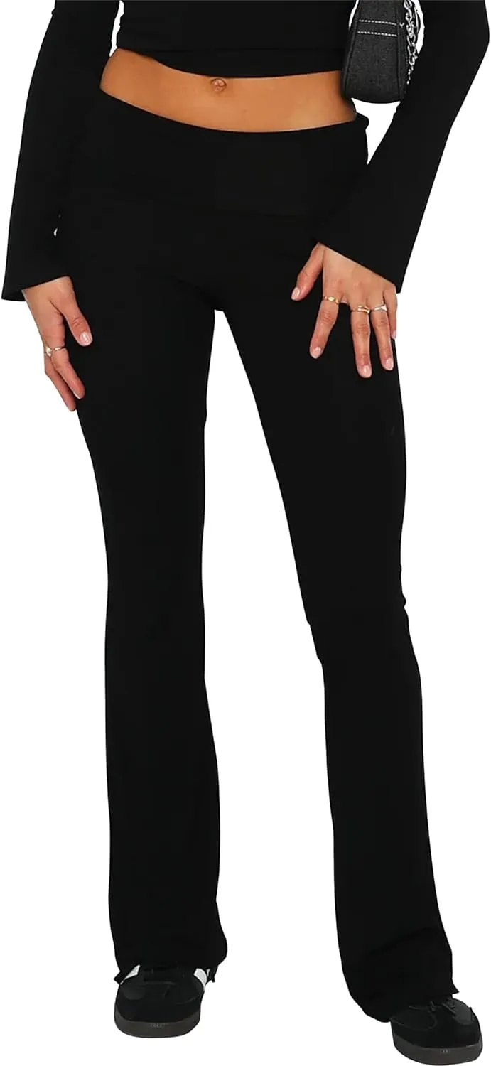 Luckinbaby Women's Flare Skinny Pants Fold Over Leggings Stretch Bootcut Bell Bottom Slim Fit Yoga Pants Y2k Joggers