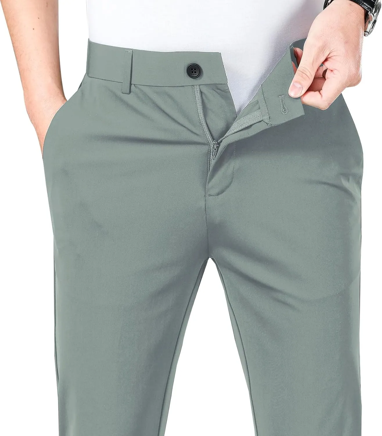 LUSHENUNI Men's Golf Pants Slim High Stretch, Ice Silk Dress Pants with Expandable-Waist Pants