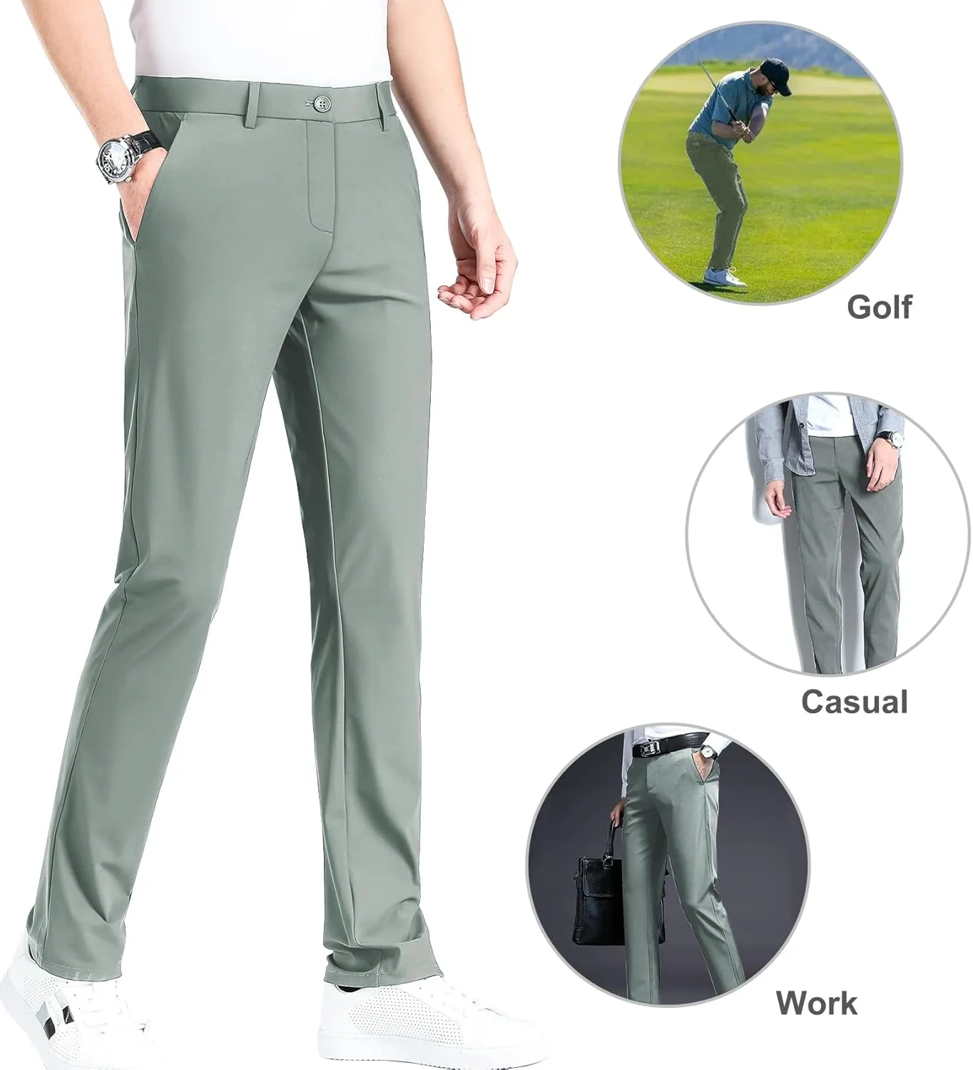 LUSHENUNI Men's Golf Pants Slim High Stretch, Ice Silk Dress Pants with Expandable-Waist Pants