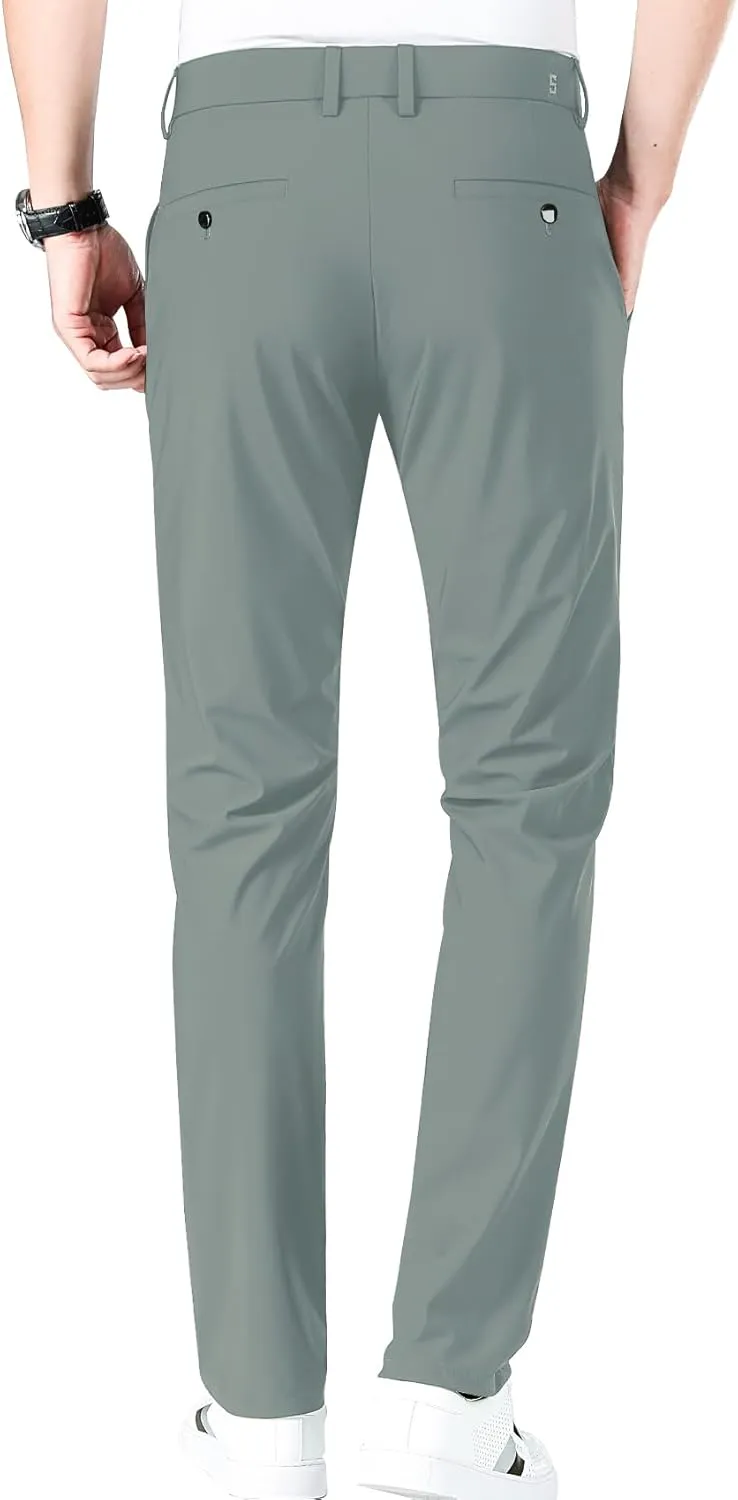 LUSHENUNI Men's Golf Pants Slim High Stretch, Ice Silk Dress Pants with Expandable-Waist Pants