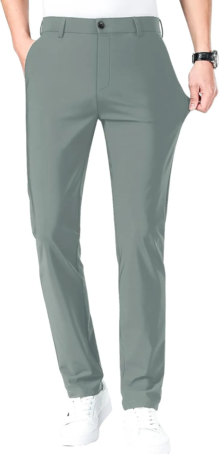 LUSHENUNI Men's Golf Pants Slim High Stretch, Ice Silk Dress Pants with Expandable-Waist Pants