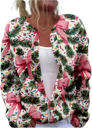 MARSVOVO Christmas Cardigan for Women Crew Neck Open Front Button Down Knit Coat Ugly Christmas Sweater Women