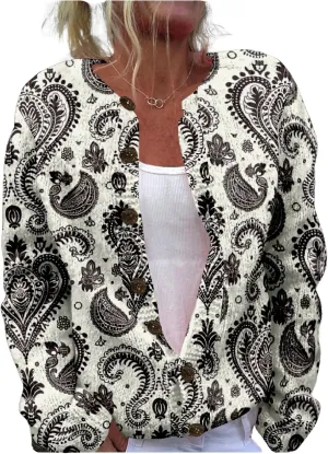 MARSVOVO Women Vintage Polka Dot and Paisley Pattern Button Down Crew Neck Open Cardigans Novelty Fall Sweater Tops