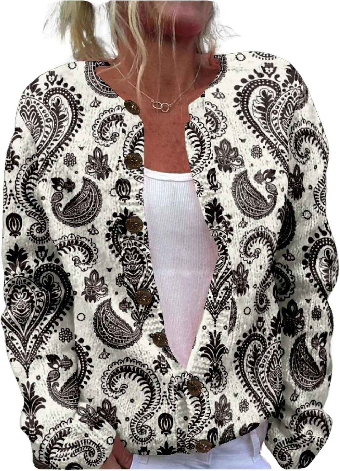 MARSVOVO Women Vintage Polka Dot and Paisley Pattern Button Down Crew Neck Open Cardigans Novelty Fall Sweater Tops