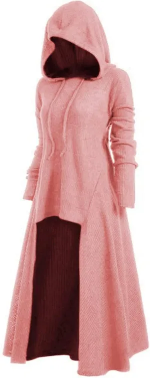 Medieval Cloak Hooded Dress for Women Renaissance Gothic High Low Dress Vintage Steampunk Long Sleeve Hoodie Dresses Pink