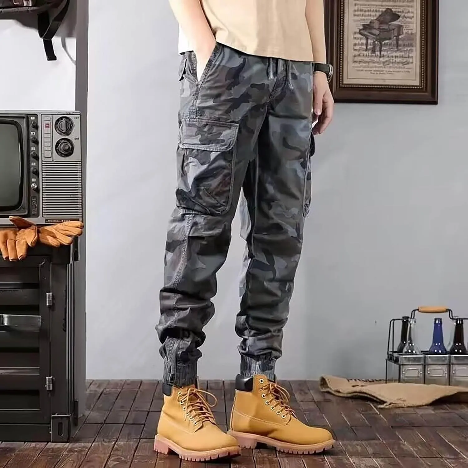 Men'S American Camouflage Cargo Pants Harem Athletic Pants Baggy Multi Pocket Pants Men Fashion Streetwear Pants