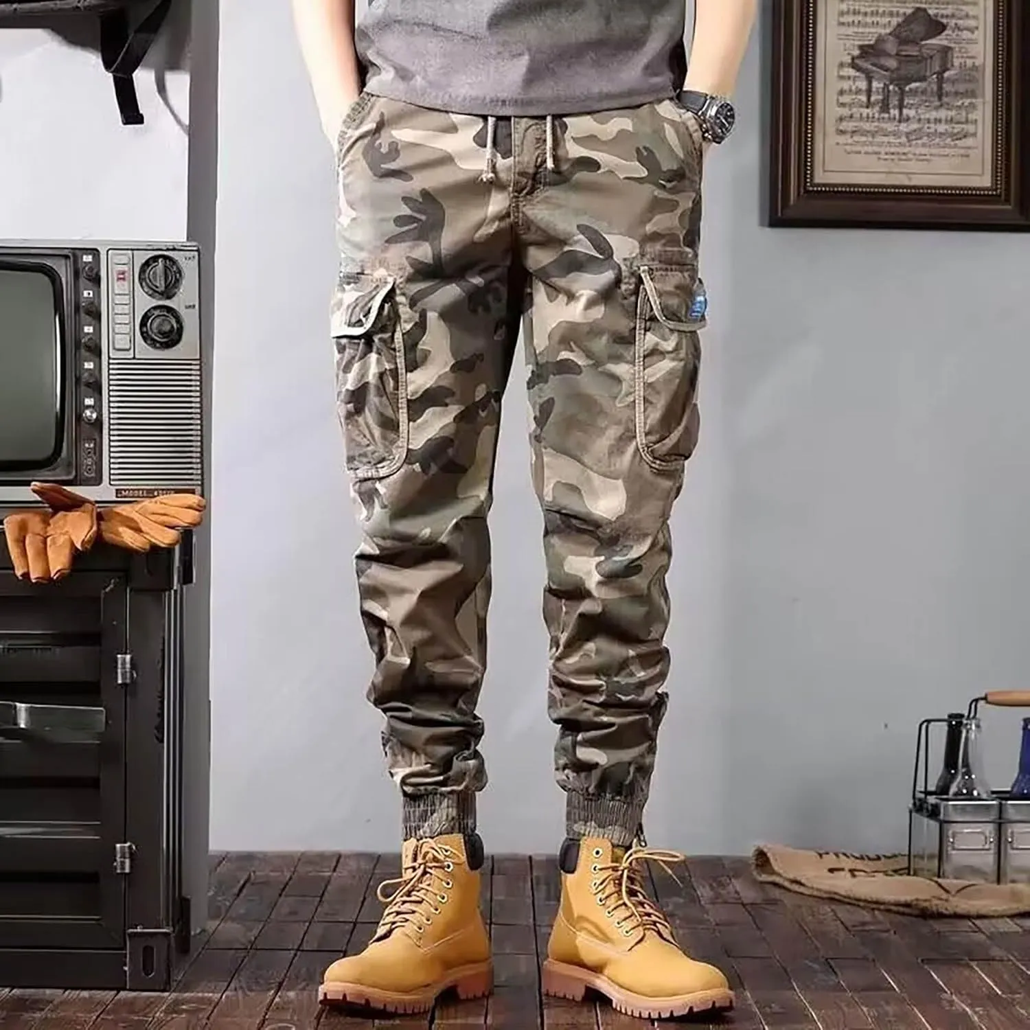 Men'S American Camouflage Cargo Pants Harem Athletic Pants Baggy Multi Pocket Pants Men Fashion Streetwear Pants