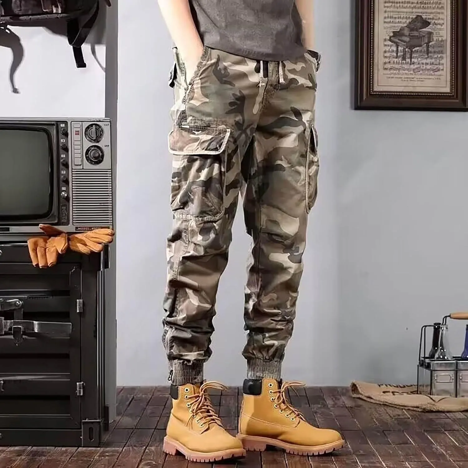 Men'S American Camouflage Cargo Pants Harem Athletic Pants Baggy Multi Pocket Pants Men Fashion Streetwear Pants