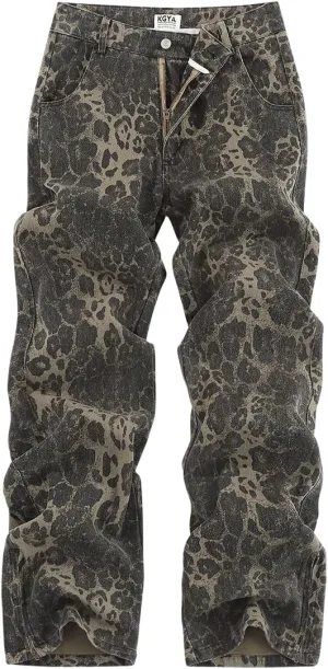 Men's Camo Cargo Pants, Tactical Baggy Straight Wide Legs Denim Work Military Trousers