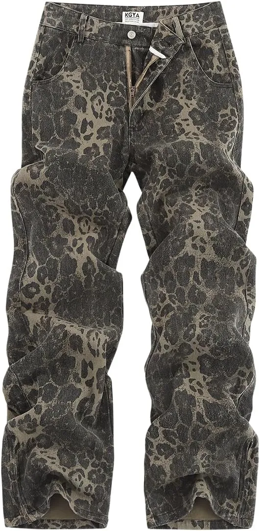 Men's Camo Cargo Pants, Tactical Baggy Straight Wide Legs Denim Work Military Trousers