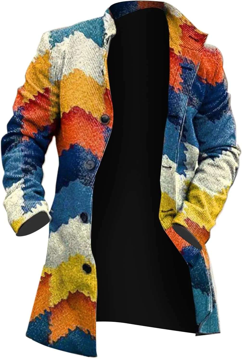 Men's Casual Color Block Trench Coat Slim Fit Notched Collar Long Jacket Overcoat Single Breasted Peacoat wih Pocket