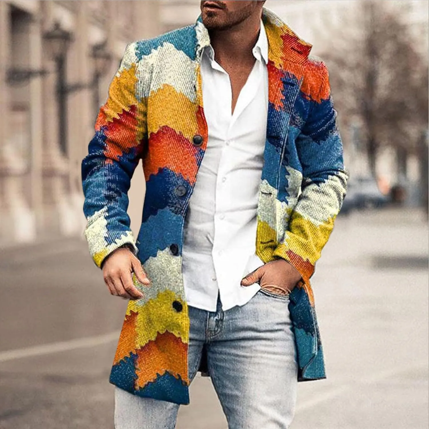 Men's Casual Color Block Trench Coat Slim Fit Notched Collar Long Jacket Overcoat Single Breasted Peacoat wih Pocket
