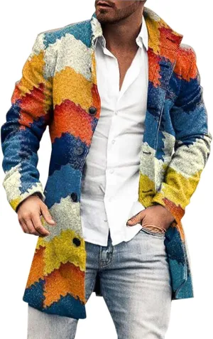 Men's Casual Color Block Trench Coat Slim Fit Notched Collar Long Jacket Overcoat Single Breasted Peacoat wih Pocket