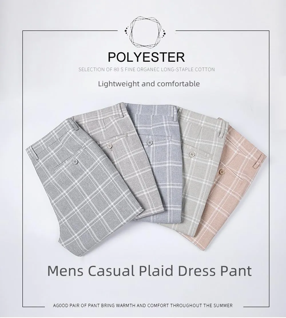 Mens Casual Plaid Pants Fashion Retro Tapered Stretch Pants Slim Fit Business Dress Chino Pants