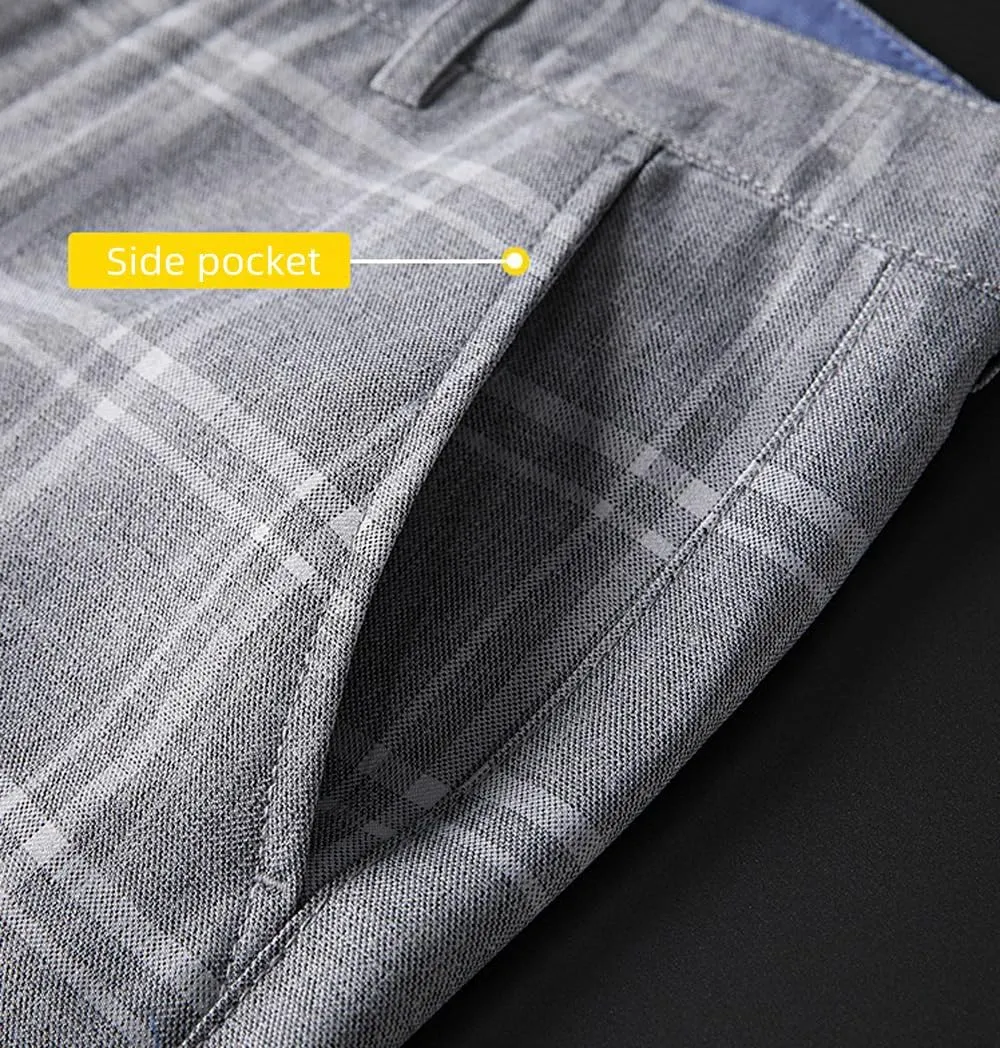 Mens Casual Plaid Pants Fashion Retro Tapered Stretch Pants Slim Fit Business Dress Chino Pants