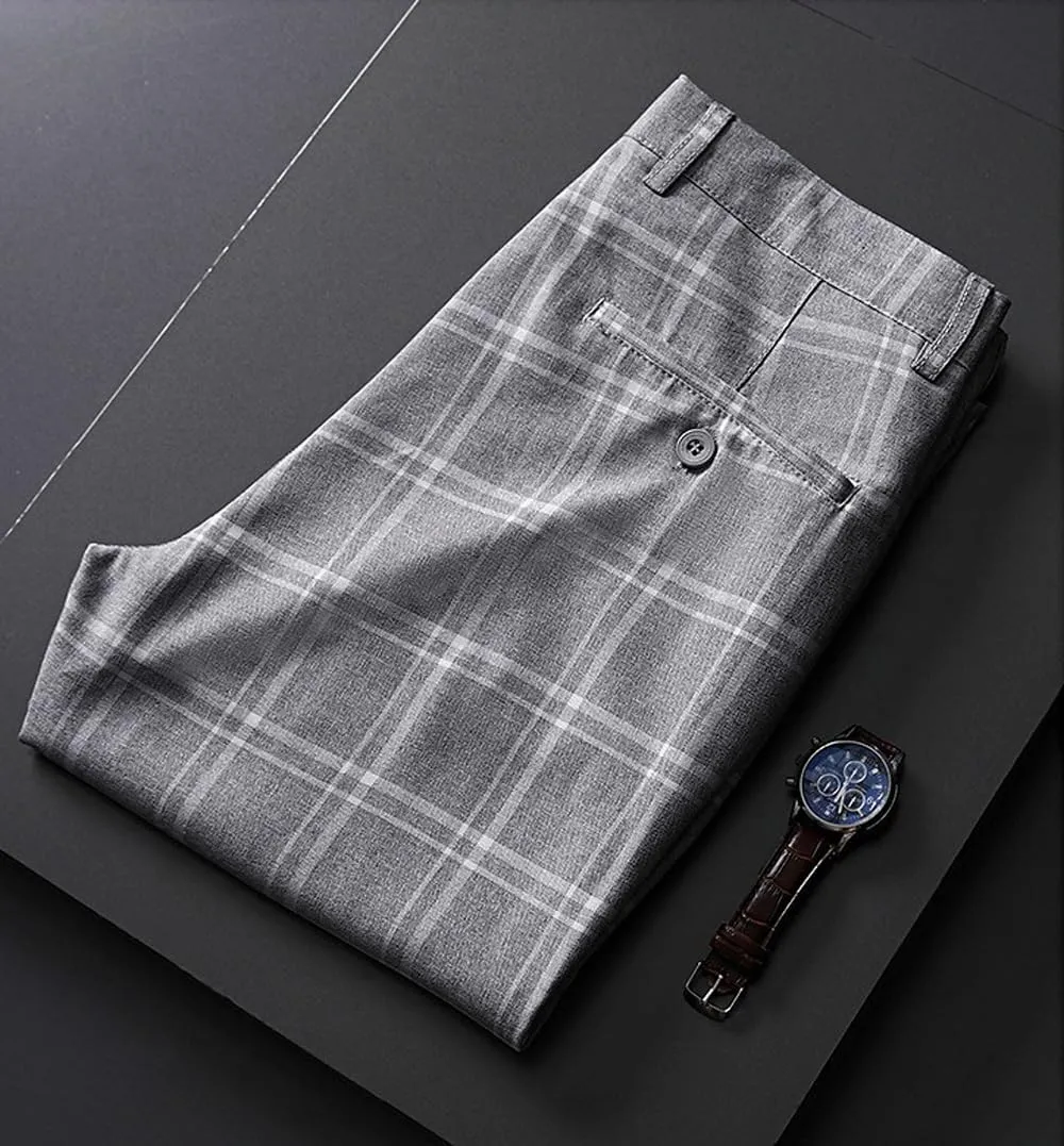 Mens Casual Plaid Pants Fashion Retro Tapered Stretch Pants Slim Fit Business Dress Chino Pants