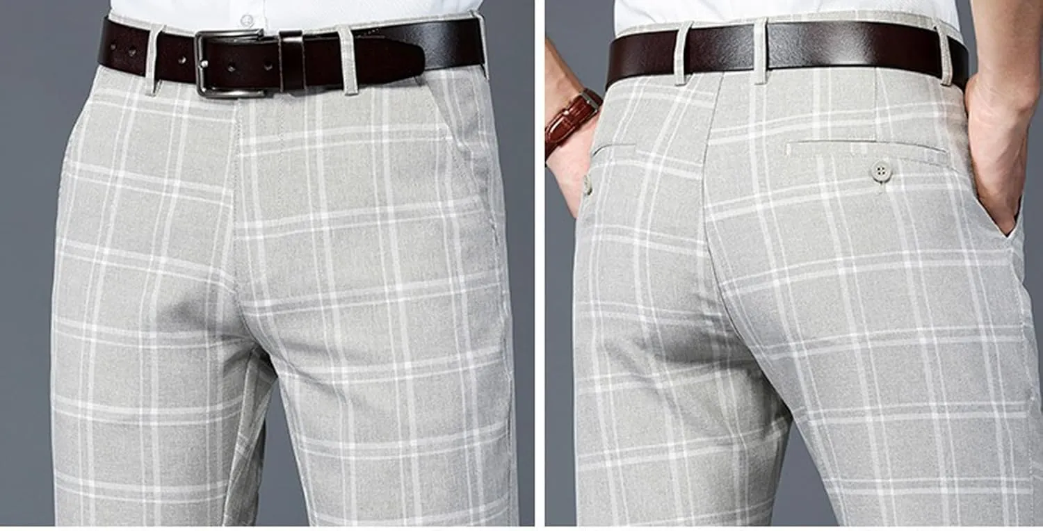 Mens Casual Plaid Pants Fashion Retro Tapered Stretch Pants Slim Fit Business Dress Chino Pants