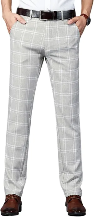 Mens Casual Plaid Pants Fashion Retro Tapered Stretch Pants Slim Fit Business Dress Chino Pants