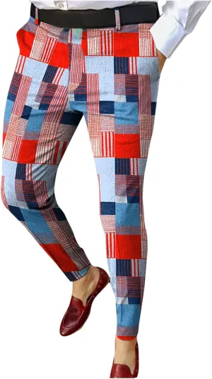 Mens Casual Stretch Plaid Pants Slim Fit Tapered Skinny Business Dress Pants Fashion Contrast Color Check Pencil Trouser