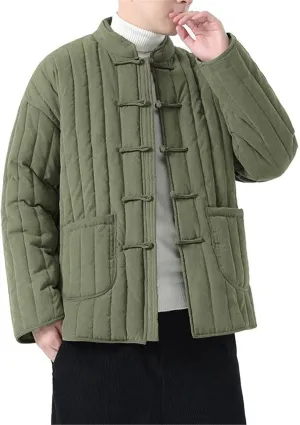 Men's Chinese Style Button-Up Tang Suit Winter Thick Striped Cotton Padded Jacket - Loose Large Size Coat