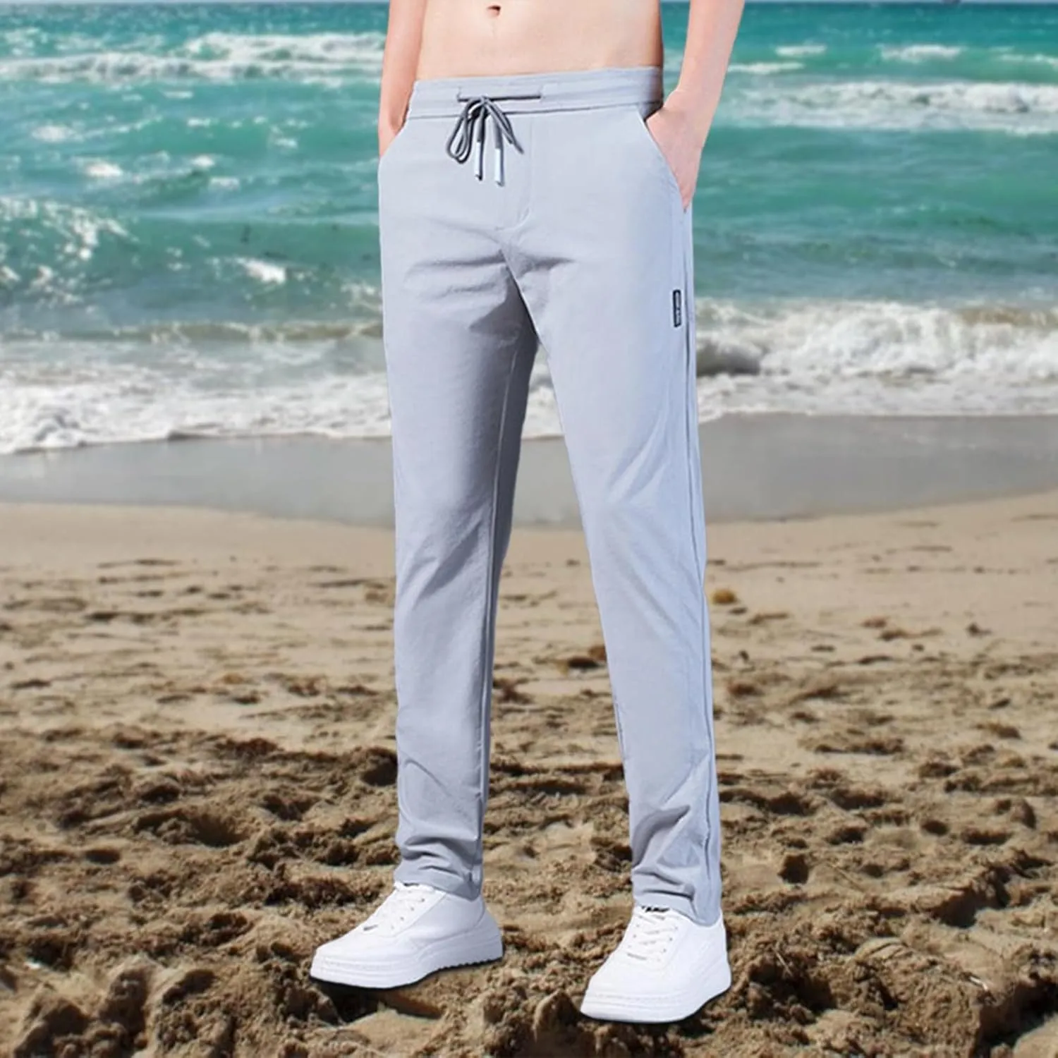 Mens Cotton Linen Pants Drawstring Elastic Waist Straight Leg Pant Workout Sport Pants Multi-Pocket Trousers