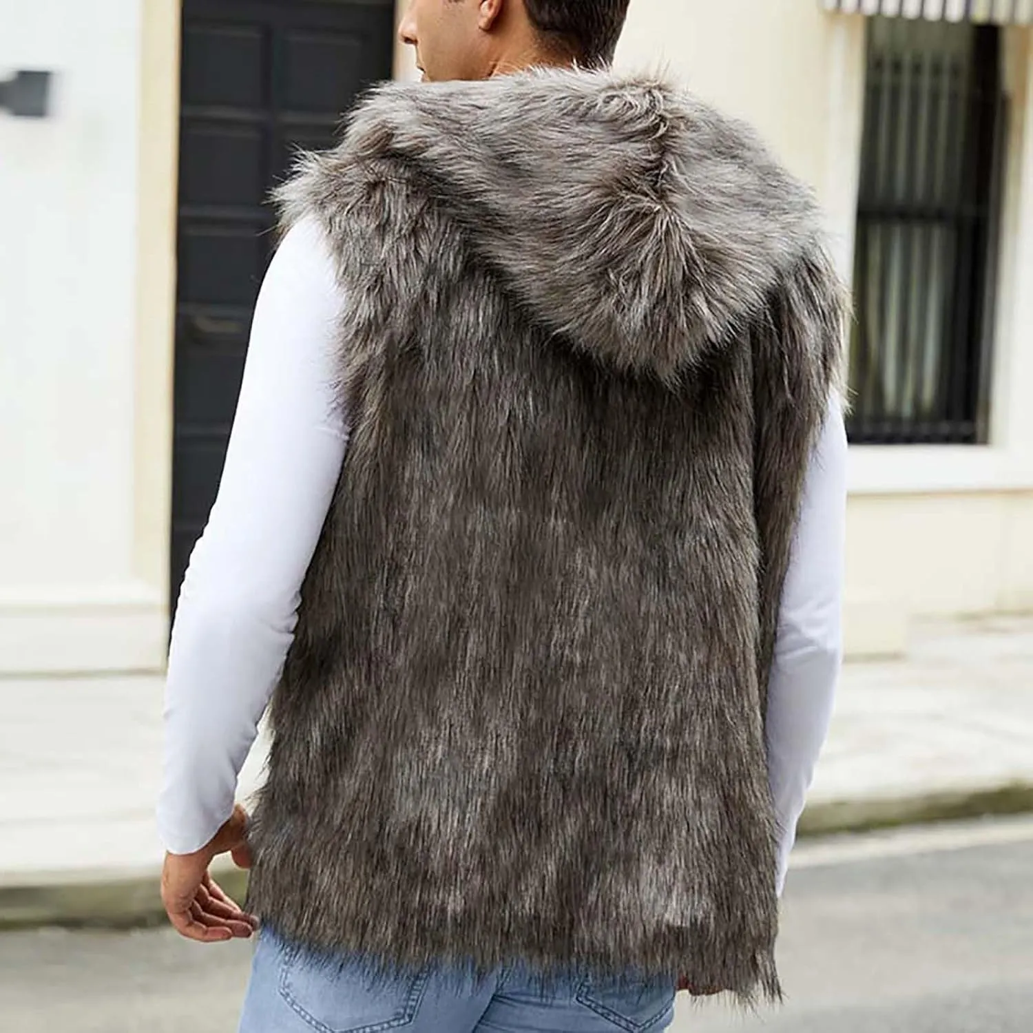 Mens Faux Fur Vest Open Front Sleeveless Hooded Cardigan Fluffy Plush Winter Fashion Faux Fur Hoodie Jackets
