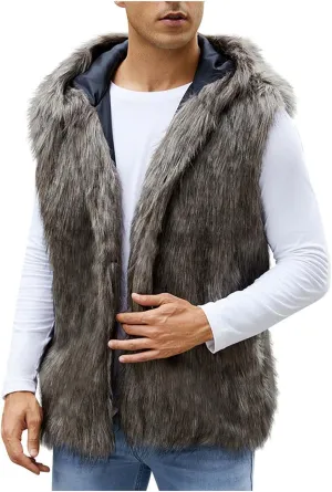 Mens Faux Fur Vest Open Front Sleeveless Hooded Cardigan Fluffy Plush Winter Fashion Faux Fur Hoodie Jackets
