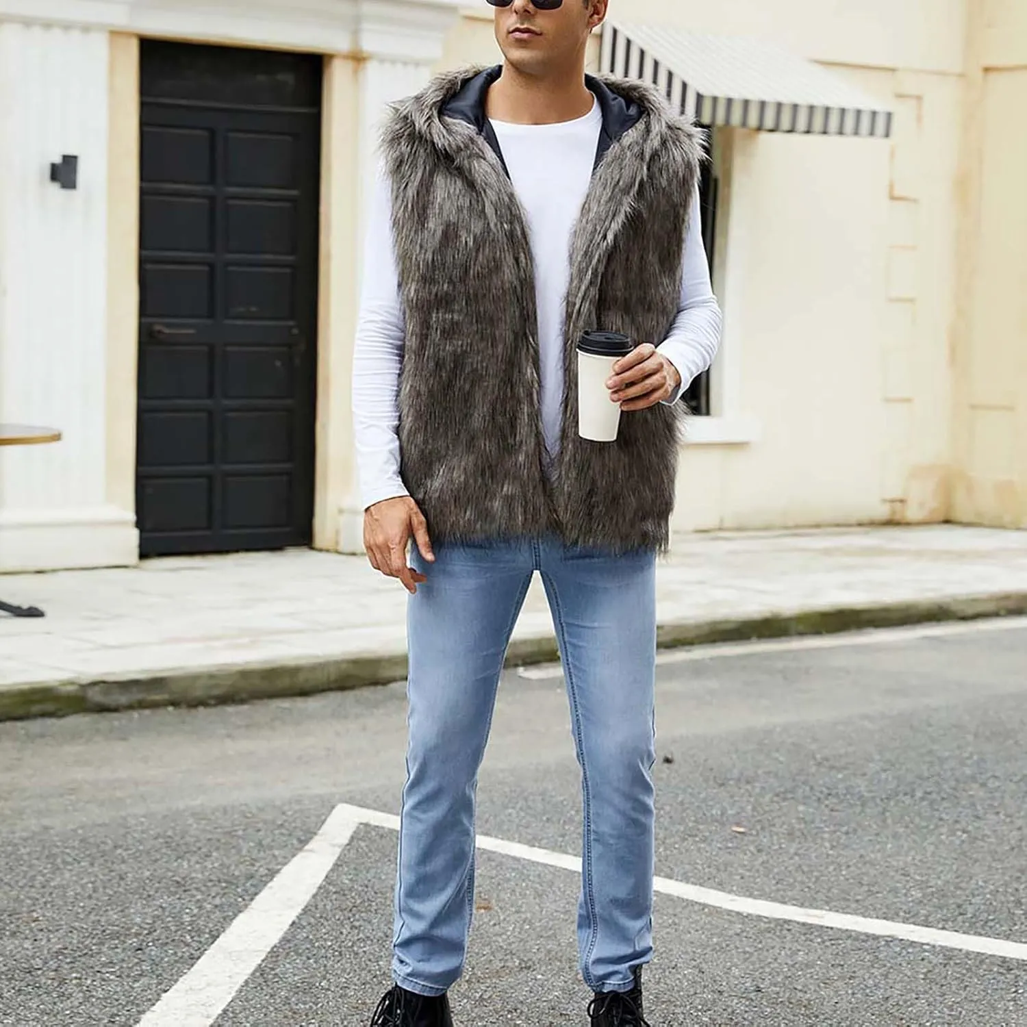 Mens Faux Fur Vest Open Front Sleeveless Hooded Cardigan Fluffy Plush Winter Fashion Faux Fur Hoodie Jackets