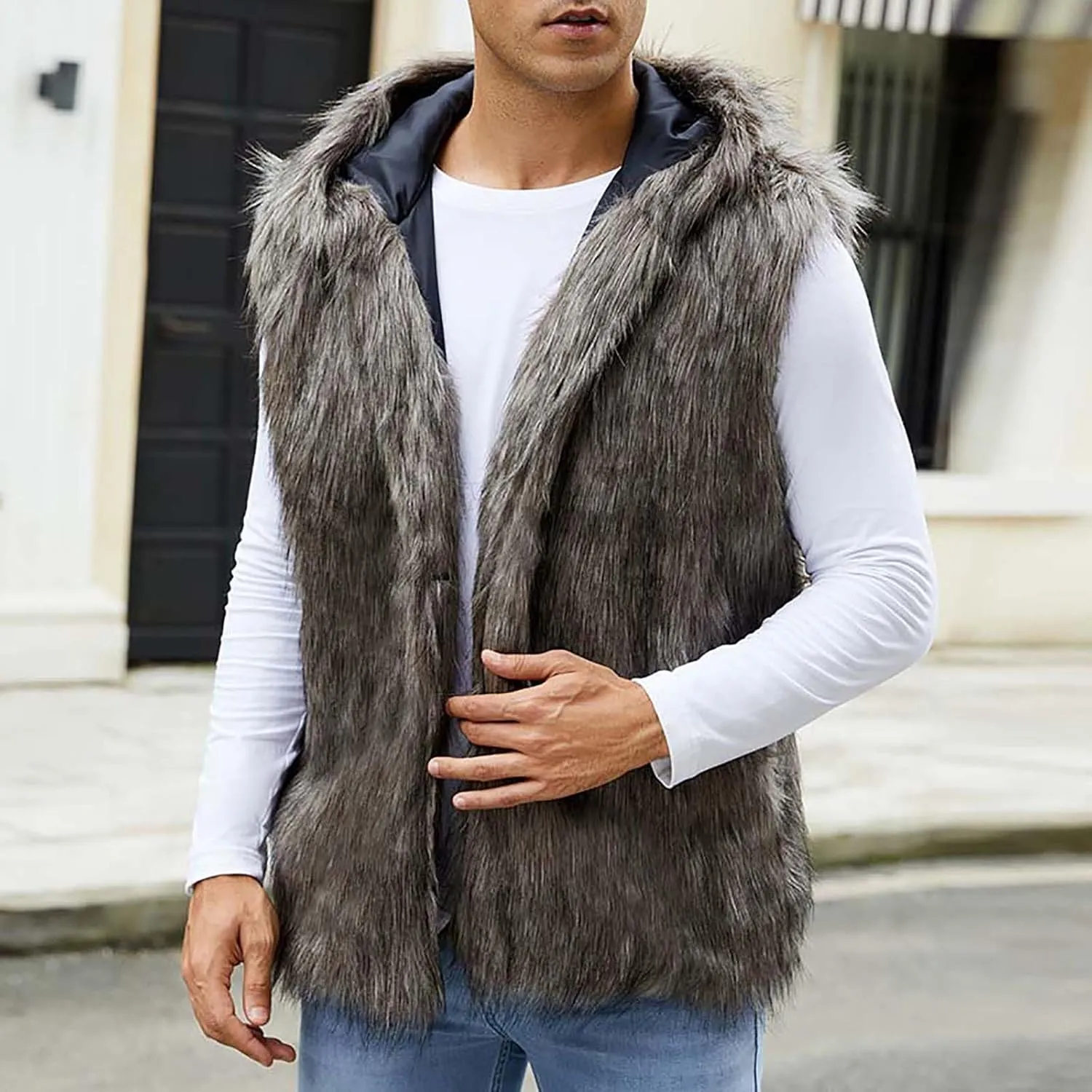 Mens Faux Fur Vest Open Front Sleeveless Hooded Cardigan Fluffy Plush Winter Fashion Faux Fur Hoodie Jackets