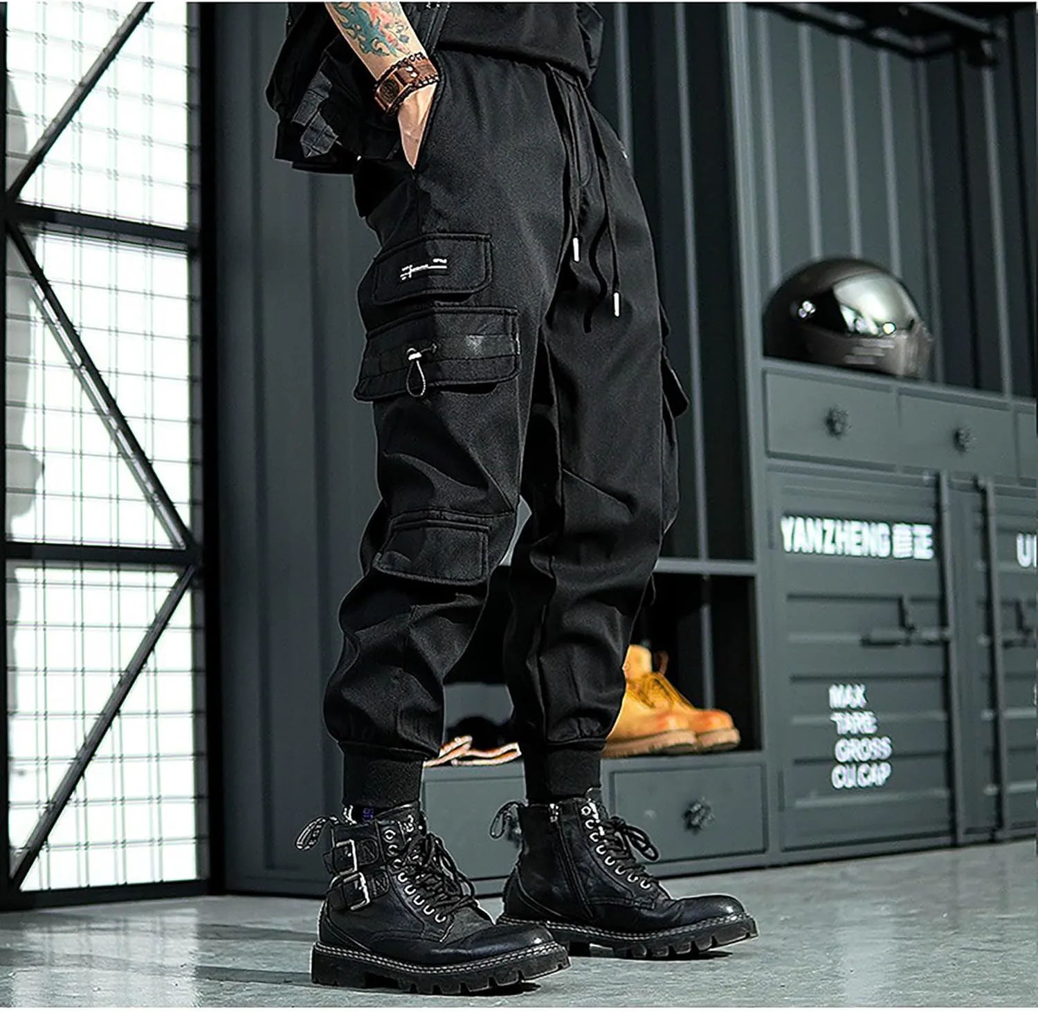 Men's Functional Multi Pocket Cargo Pants Black Drawstring Pants Fashion Jogger Pants Men Harem Streetwear Pants