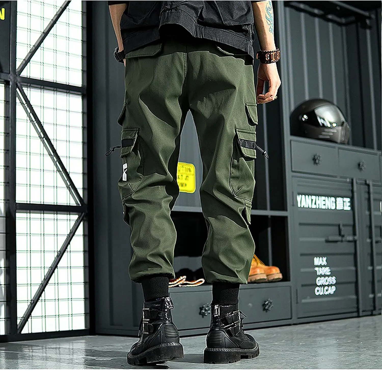 Men's Functional Multi Pocket Cargo Pants Black Drawstring Pants Fashion Jogger Pants Men Harem Streetwear Pants