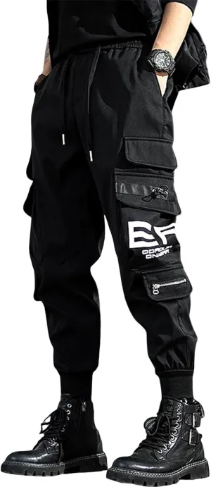 Men's Functional Multi Pocket Cargo Pants Black Drawstring Pants Fashion Jogger Pants Men Harem Streetwear Pants