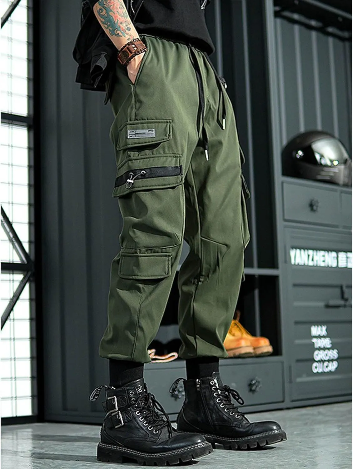 Men's Functional Multi Pocket Cargo Pants Black Drawstring Pants Fashion Jogger Pants Men Harem Streetwear Pants