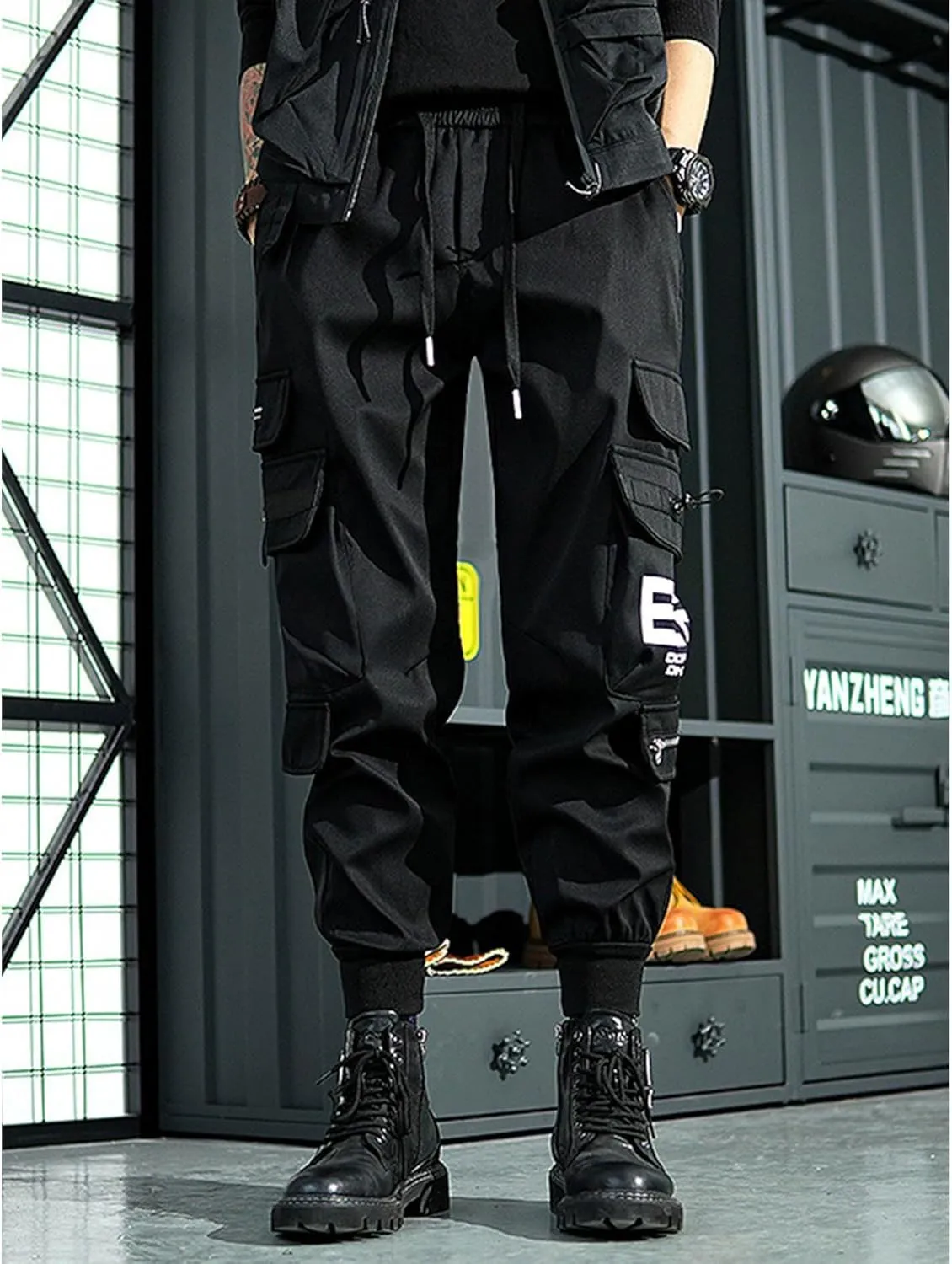 Men's Functional Multi Pocket Cargo Pants Black Drawstring Pants Fashion Jogger Pants Men Harem Streetwear Pants