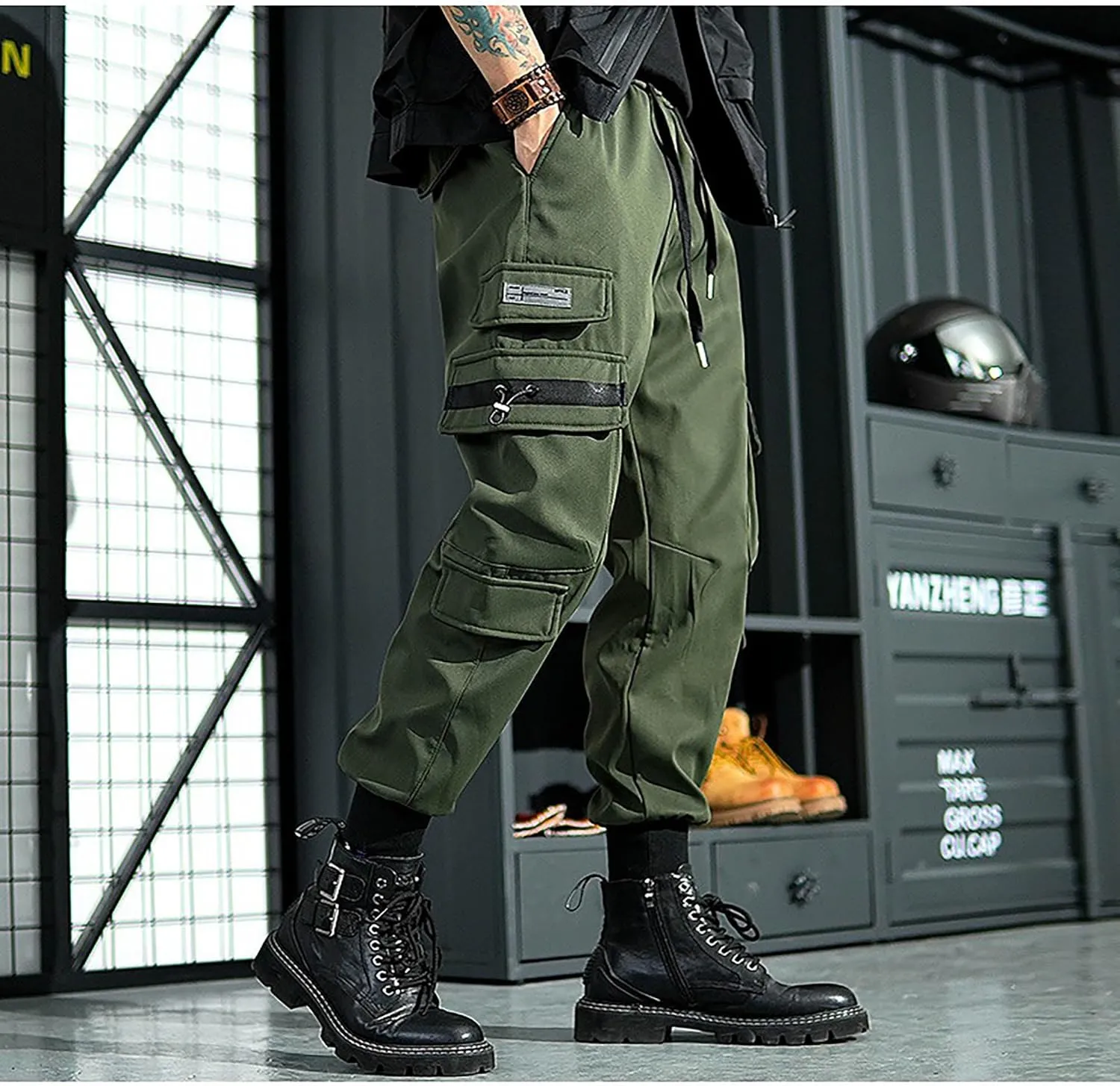 Men's Functional Multi Pocket Cargo Pants Black Drawstring Pants Fashion Jogger Pants Men Harem Streetwear Pants