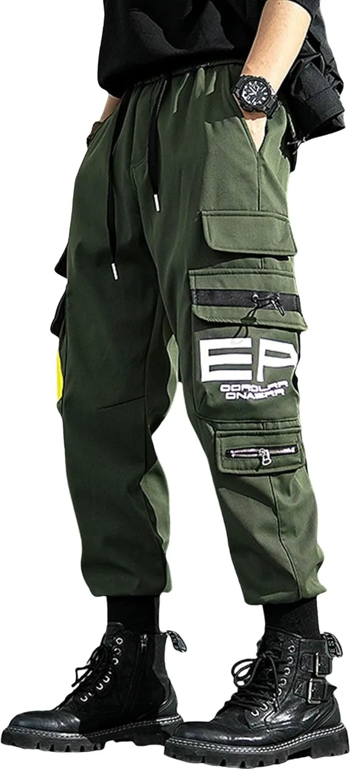 Men's Functional Multi Pocket Cargo Pants Black Drawstring Pants Fashion Jogger Pants Men Harem Streetwear Pants