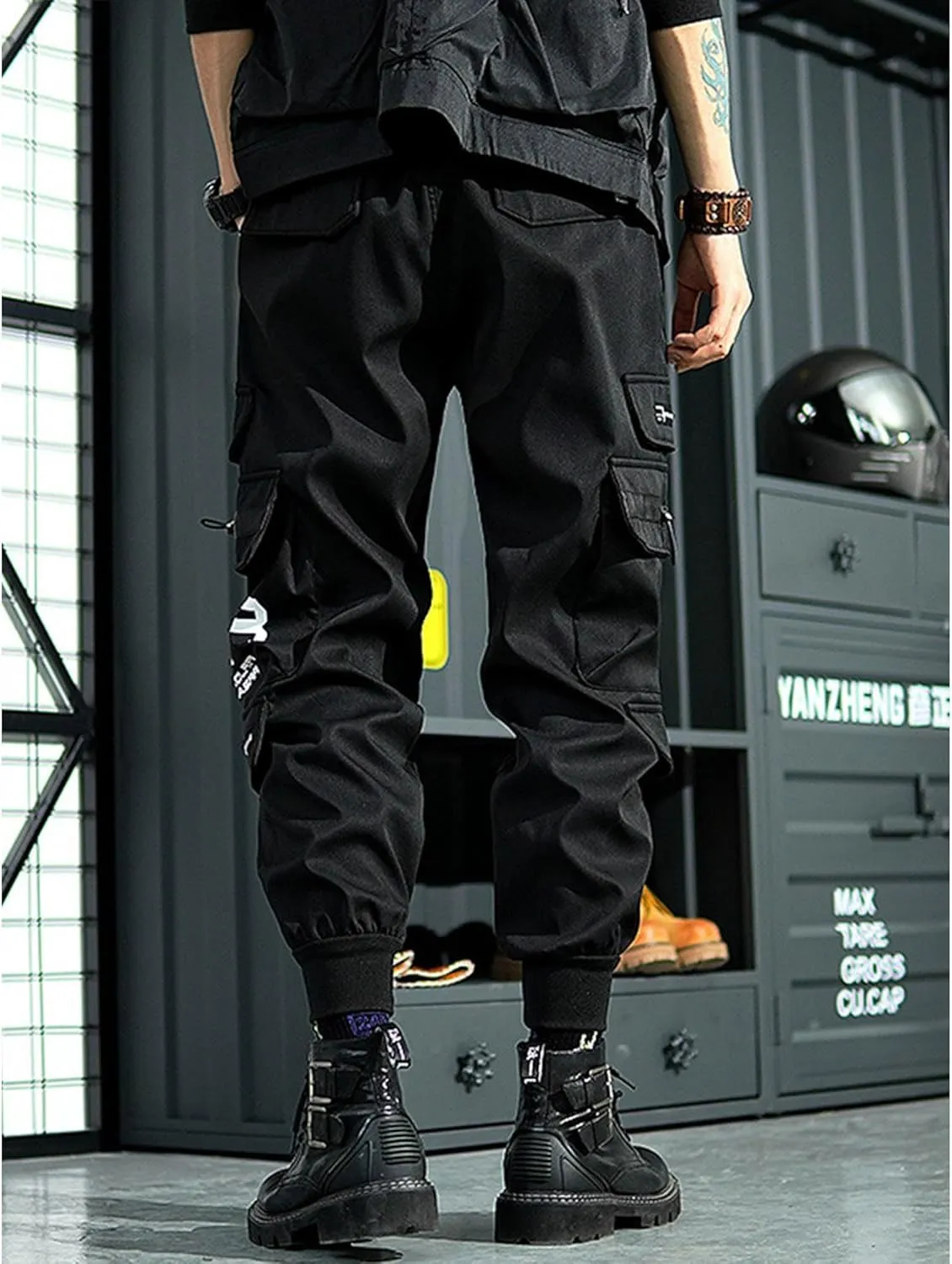 Men's Functional Multi Pocket Cargo Pants Black Drawstring Pants Fashion Jogger Pants Men Harem Streetwear Pants
