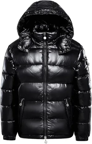 Mens Hooded Puffer Jackets Stand Collar Shiny Down Jacket Thick Winter Parka Jacket Quilted Insulated Padded Coat