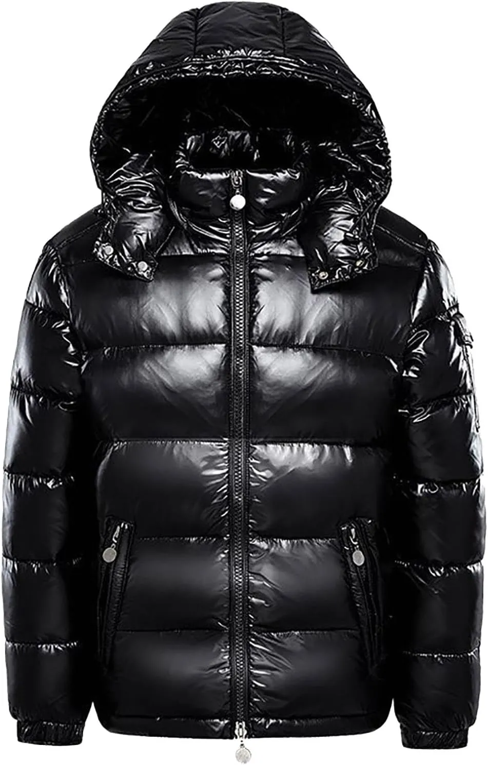 Mens Hooded Puffer Jackets Stand Collar Shiny Down Jacket Thick Winter Parka Jacket Quilted Insulated Padded Coat