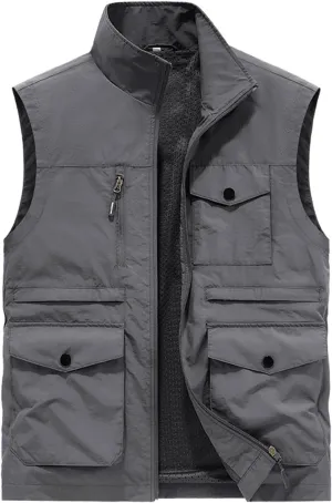 Mens Lightweight Vest Jackets Zip Up Solid Color Vest for Journalist Photographer Loose Fit Comfy Outdoor Jackets