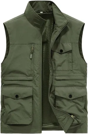 Mens Lightweight Vest Jackets Zip Up Solid Color Vest for Journalist Photographer Loose Fit Comfy Outdoor Jackets