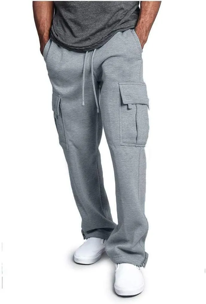 Men's Loose and Casual Trouser Pant Soild Color Tethered Waistband Sport Loose Long Trousers with Long Stilt
