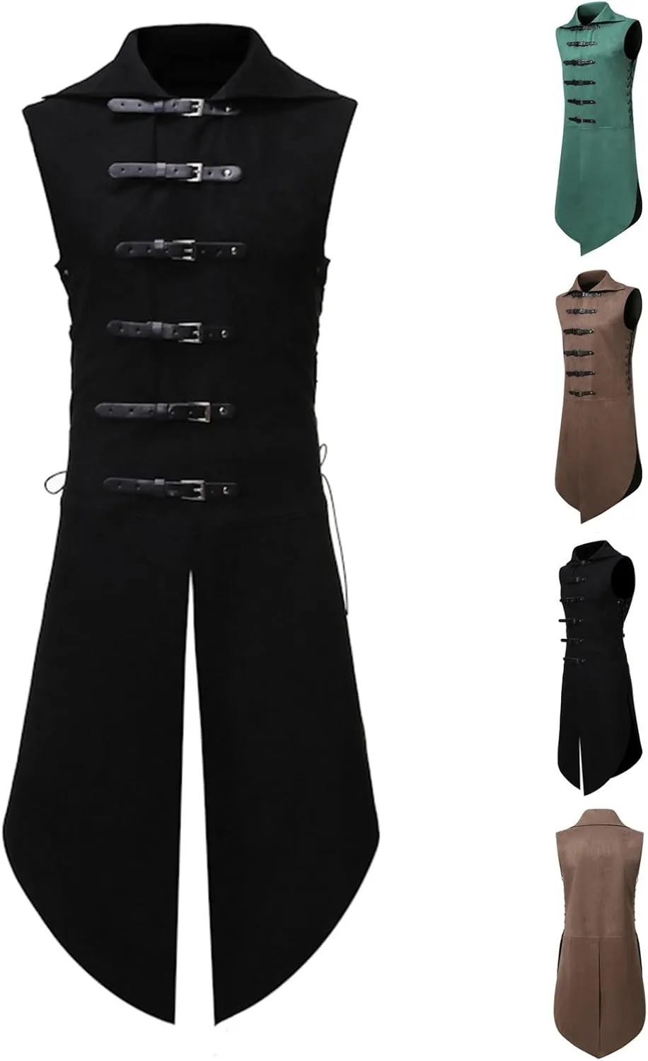 Mens Medieval Lapel Tailcoat Leather Buckle Gothic Sleeveless Waistcoat Renaissance Drawstring Coat Halloween Costume