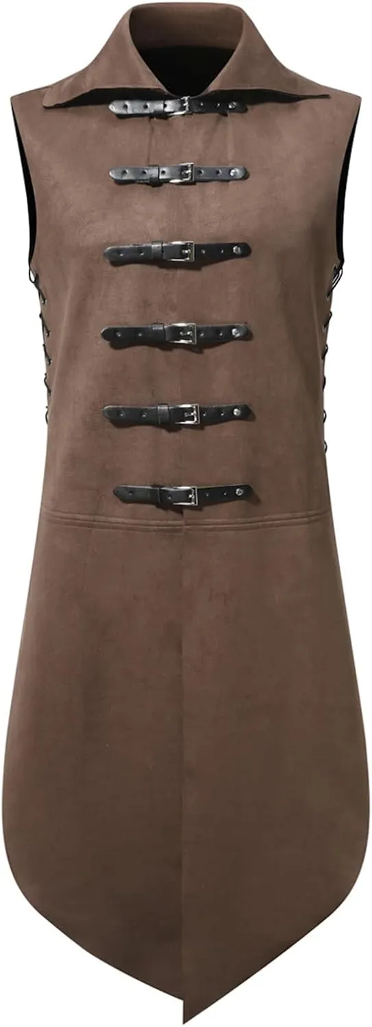 Mens Medieval Lapel Tailcoat Leather Buckle Gothic Sleeveless Waistcoat Renaissance Drawstring Coat Halloween Costume