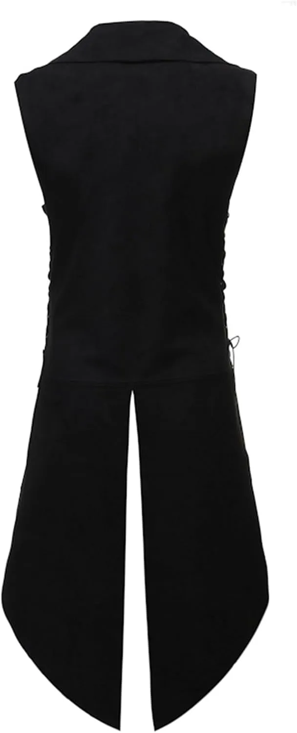 Mens Medieval Lapel Tailcoat Leather Buckle Gothic Sleeveless Waistcoat Renaissance Drawstring Coat Halloween Costume